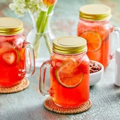 Acopa Rustic Charm 16 Oz. Drinking Jar / Mason Jar With Handle And Gold Metal Lid - 12/Case