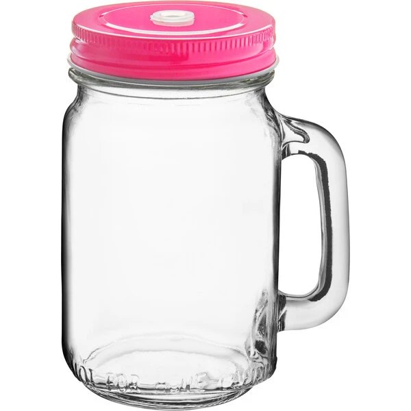 Acopa Rustic Charm 16 Oz. Drinking Jar With Handle And Pink Metal Lid With Straw Hole - 12/Case 2 Acopa Rustic Charm 16 Oz. Drinking Jar With Handle And Pink Metal Lid With Straw Hole - 12/Case - Image 2