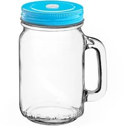 Alternative view of Acopa Rustic Charm 16 Oz. Drinking Jar With Handle And Light Blue Metal Lid With Straw Hole - 12/Case