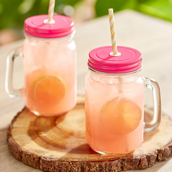 Acopa Rustic Charm 16 Oz. Drinking Jar With Handle And Pink Metal Lid With Straw Hole - 12/Case 1 Acopa Rustic Charm 16 Oz. Drinking Jar With Handle And Pink Metal Lid With Straw Hole - 12/Case