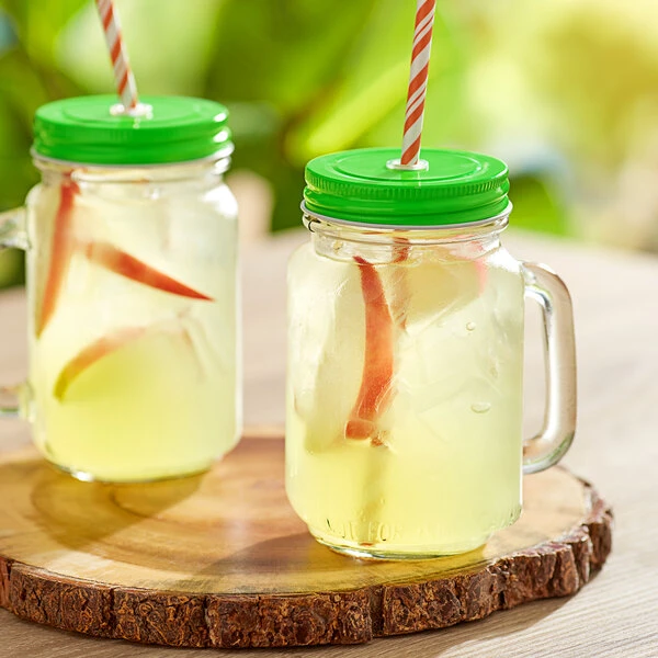 Acopa Rustic Charm 16 Oz. Drinking Jar With Handle And Green Metal Lid With Straw Hole - 12/Case 1 Acopa Rustic Charm 16 Oz. Drinking Jar With Handle And Green Metal Lid With Straw Hole - 12/Case