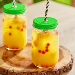 Acopa Rustic Charm 16 Oz. Drinking Jar With Green Metal Lid With Straw Hole - 12/Case