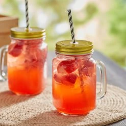 Acopa Rustic Charm 16 Oz. Drinking Jar With Handle And Gold Metal Lid With Straw Hole - 12/Case