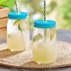 Acopa Rustic Charm 16 Oz. Drinking Jar With Blue Metal Lid With Straw Hole - 12/Case
