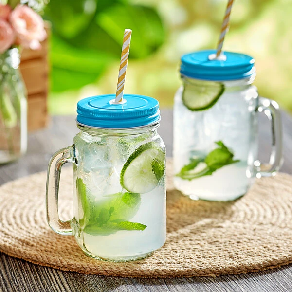 Acopa Rustic Charm 16 Oz. Drinking Jar With Handle And Light Blue Metal Lid With Straw Hole - 12/Case 1 Acopa Rustic Charm 16 Oz. Drinking Jar With Handle And Light Blue Metal Lid With Straw Hole - 12/Case